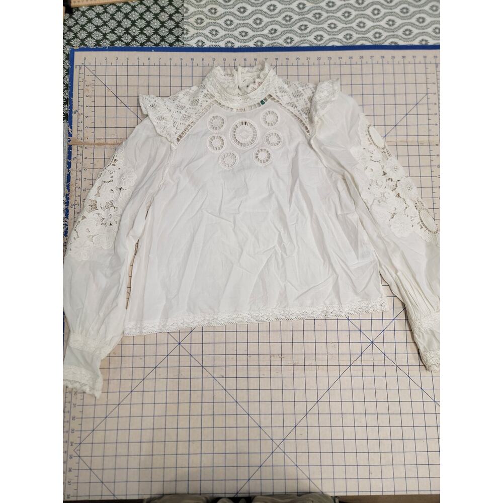 Farm Rio Embroidered Lace Blouse Women's Medium White High Neck Long Sleeve
